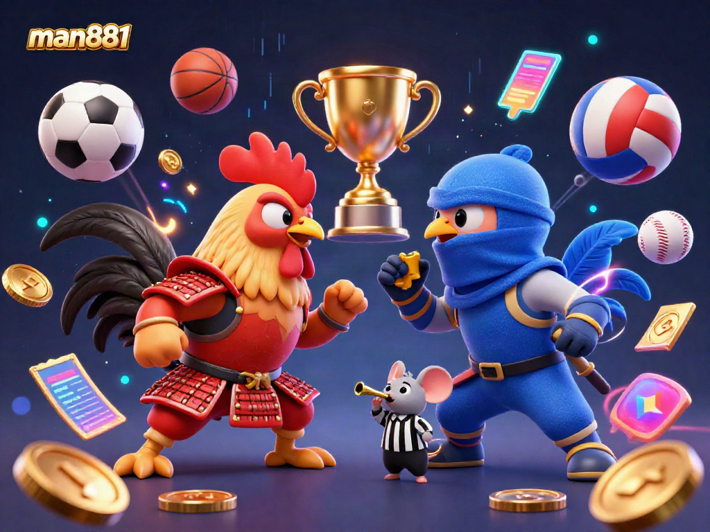 Experience thrilling action at man881 with cartoon fighting roosters, sports elements, and stunning visuals.