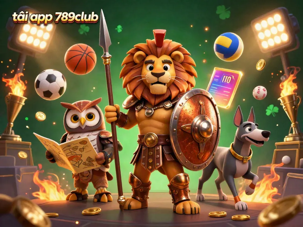 Tải app 789club with vibrant casino-themed characters, dynamic sports elements, and rich details.