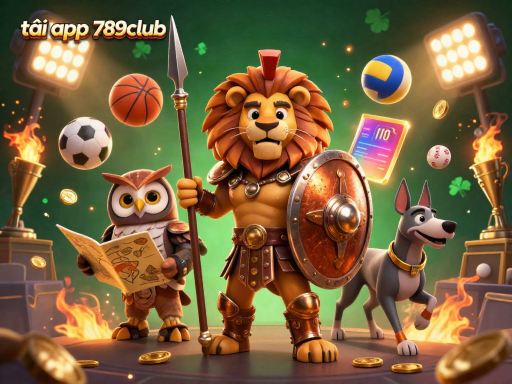 Tải app 789club with vibrant casino-themed characters, dynamic sports elements, and rich details.