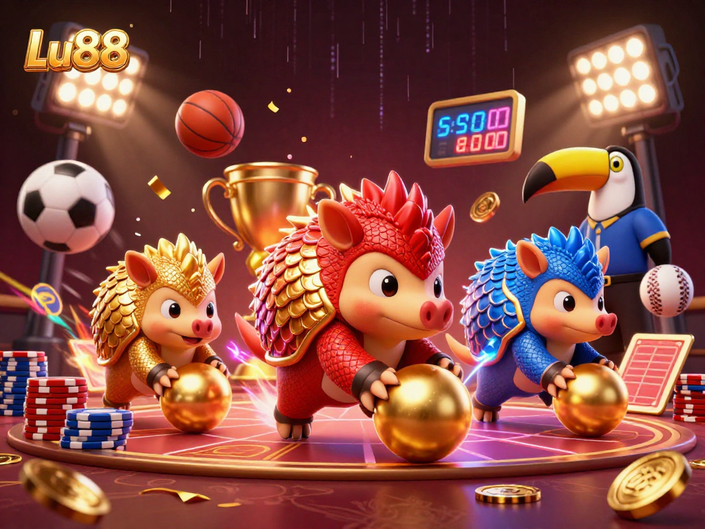 Lu88 captivates users in a vibrant online casino scene featuring playful pangolins engaging with golden poker chips.