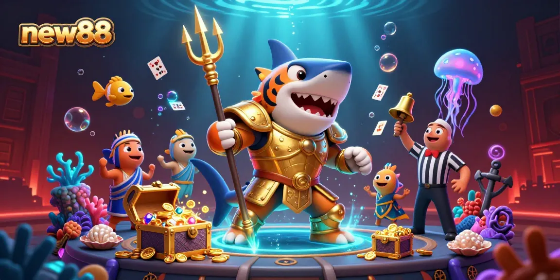 Play exciting new88 games with a fierce shark gladiator ensuring a fun underwater casino experience.
