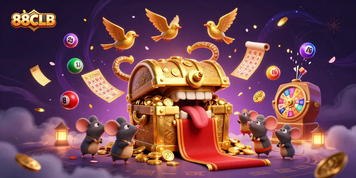 Engage with 88CLB in a vibrant lottery-themed casino illustration showcasing a treasure chest and dynamic gameplay elements.