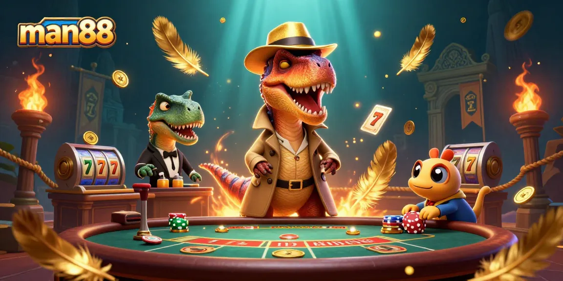 man88 card counter velociraptor sneaks chips at an exciting blackjack table scene
