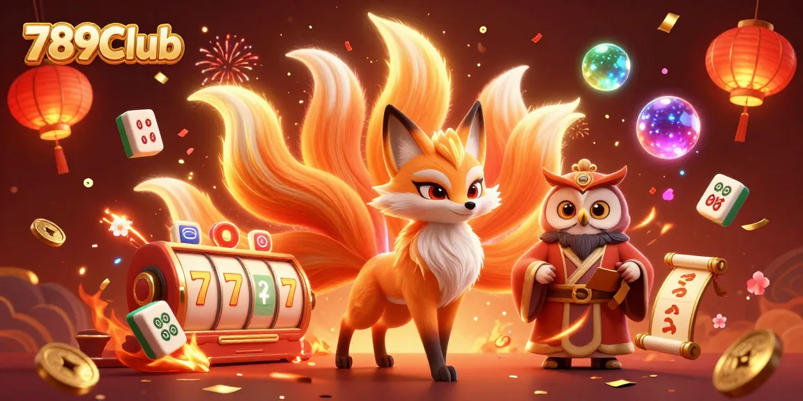 Engage with exhilarating gameplay at 789Club, featuring a dynamic scene of a colorful nine-tailed fox, wise owl, and vibrant slot elements.