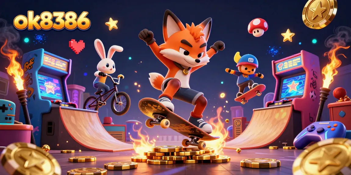 Experience thrilling gameplay at ok8386 with a vibrant 3D casino scene featuring colorful characters and gaming elements.