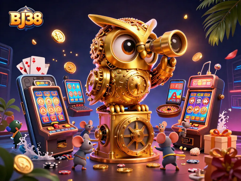 BJ38 showcases lively cartoon casino scene with golden owl, vibrant gaming elements, and engaging atmosphere.