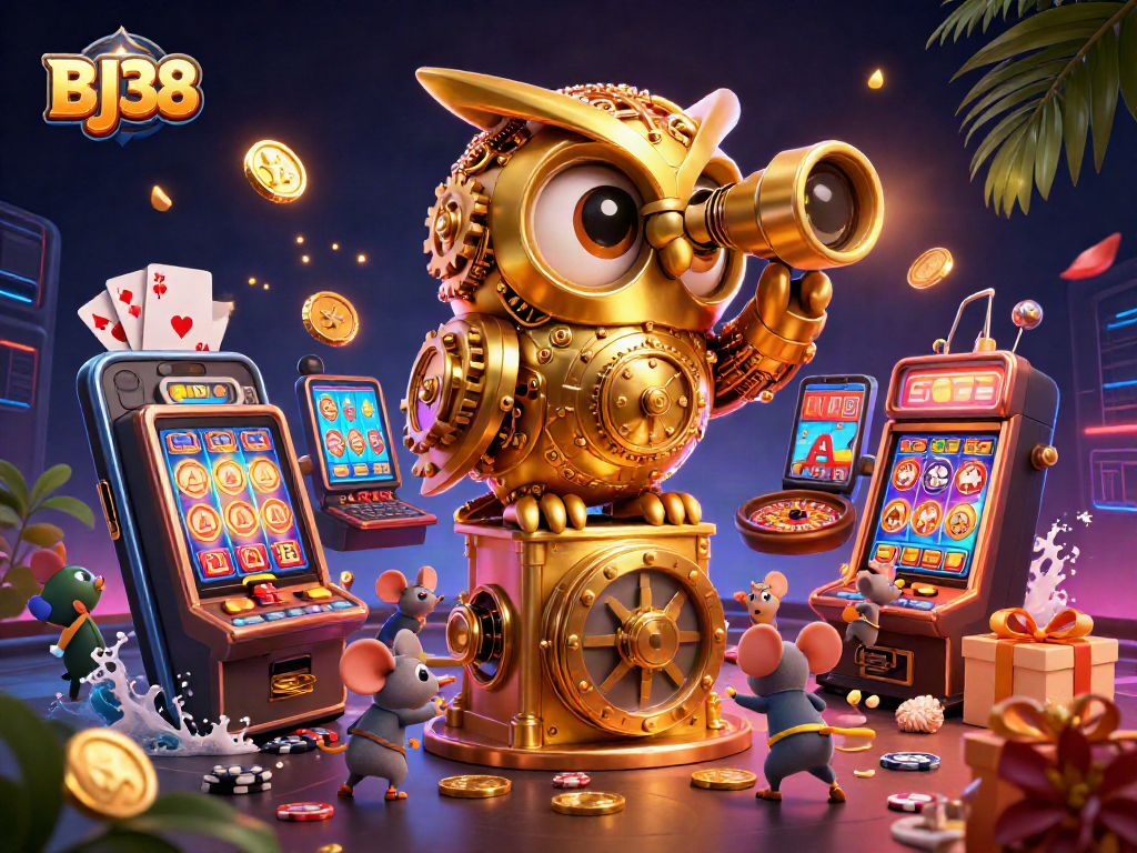 BJ38 showcases lively cartoon casino scene with golden owl, vibrant gaming elements, and engaging atmosphere.
