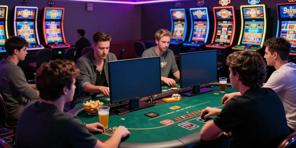 HITCLUB gaming scene with friends at an online poker table surrounded by colorful game graphics.
