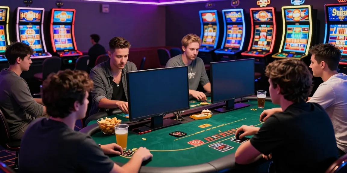 HITCLUB gaming scene with friends at an online poker table surrounded by colorful game graphics.