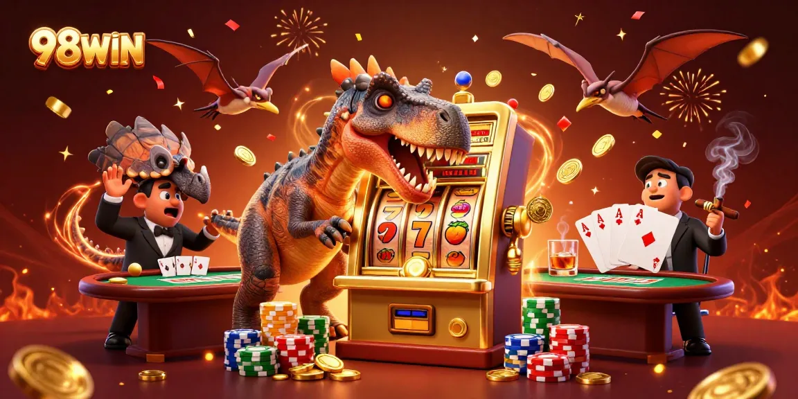 Win big with 98WIN as a pachycephalosaurus celebrates jackpot coins raining down!