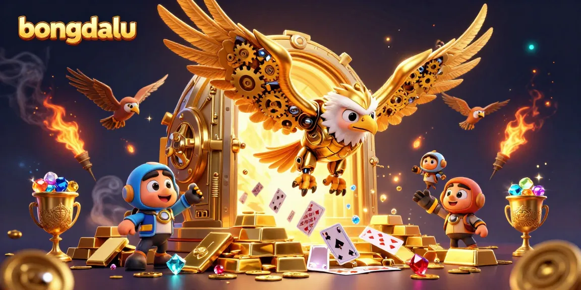 Bongdalu showcases a captivating scene of a cybernetic golden eagle soaring through holographic cards with dazzling treasures surrounding it.