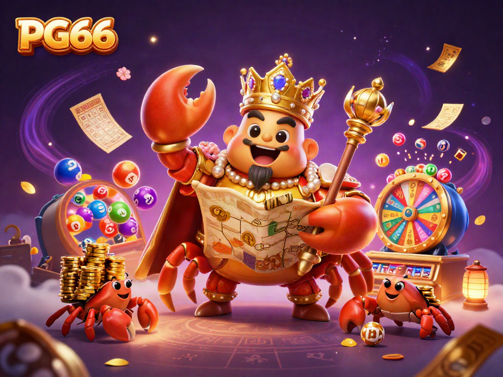 Experience PG66 with a golden crab emperor surrounded by vibrant casino elements in a magical scene.