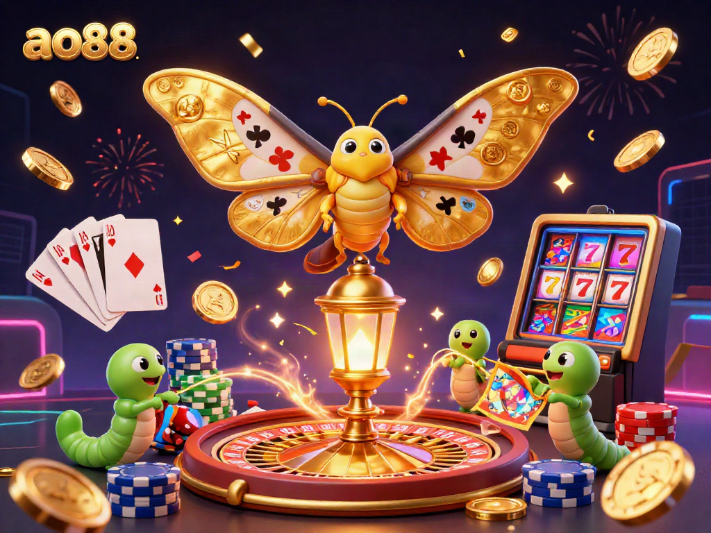 Experience thrilling casino adventures with ao88 in a vibrant scene featuring a golden atlas moth and dynamic gaming elements.