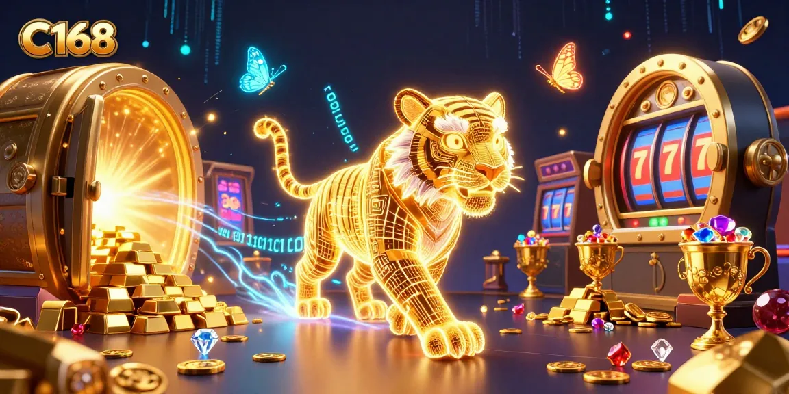 C168 captivates players in a radiant 3D casino adventure, featuring a golden tiger and treasure elements.