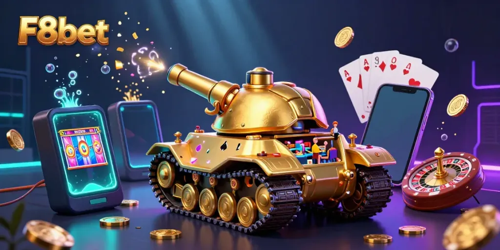 Engage with F8bet's vibrant casino experience featuring a golden beetle tank casino bursting with excitement and rewards.