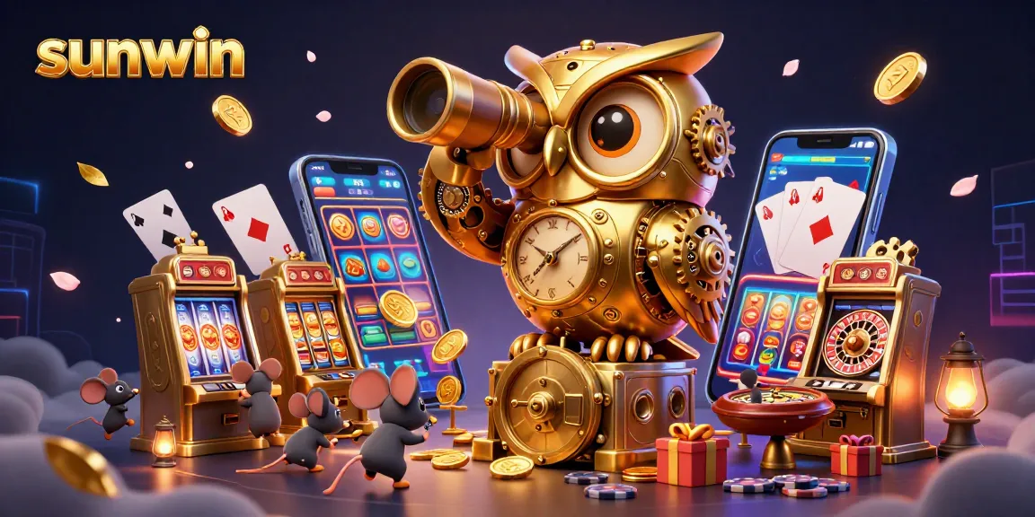 Immerse in the sunwin casino experience, featuring vibrant slots, golden owl, and lively gaming elements.