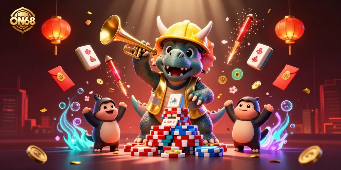 Engaging scene featuring ON68 characters building a poker chip pyramid amidst festive gambling elements.