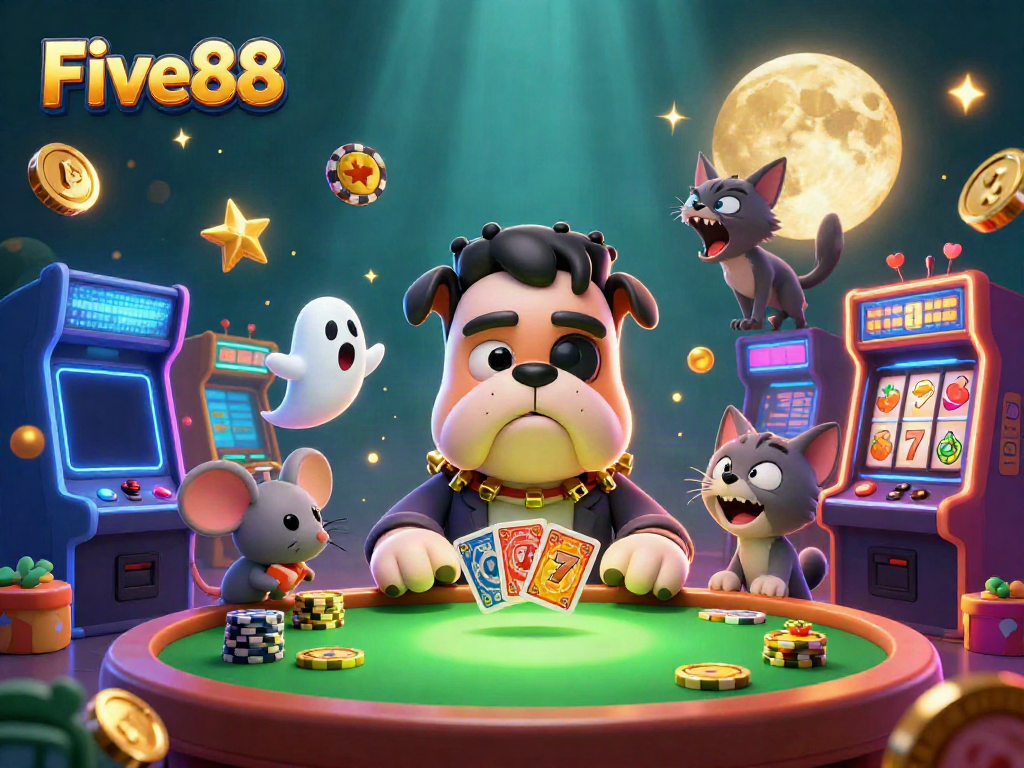 Engage in thrilling casino action with Five88, featuring a Frankenstein bulldog dealer and whimsical elements.