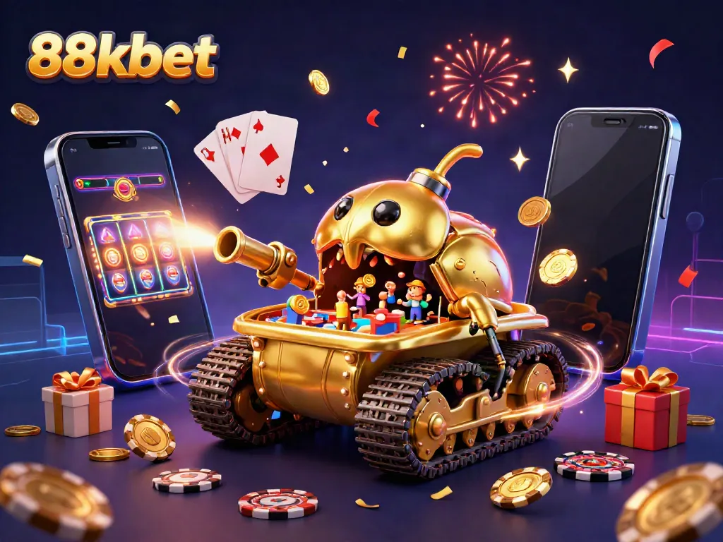 Experience the excitement of 88kbet with a vibrant digital casino scene featuring colorful slot games and gold coins.
