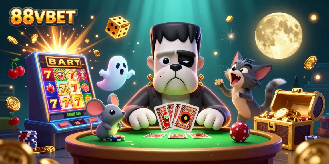 Experience thrilling gaming at 88VBET with a dynamic illustration of a cartoon bulldog dealer, slot machines, and vibrant gameplay.