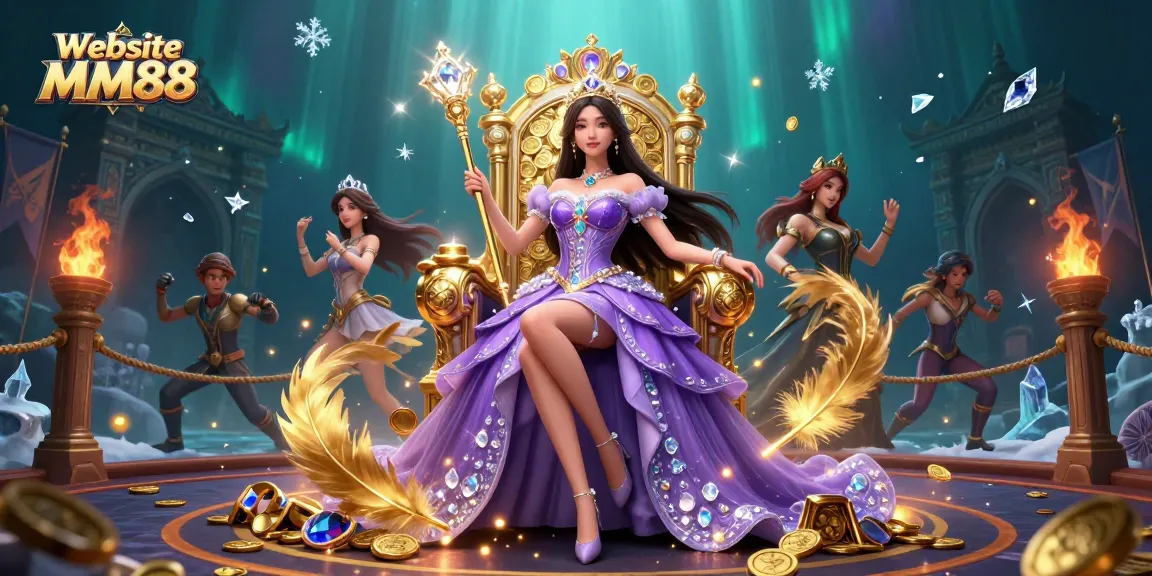 Experience luxurious gaming adventures with Website MM88's vibrant 3D imagery featuring majestic characters and casino elements.