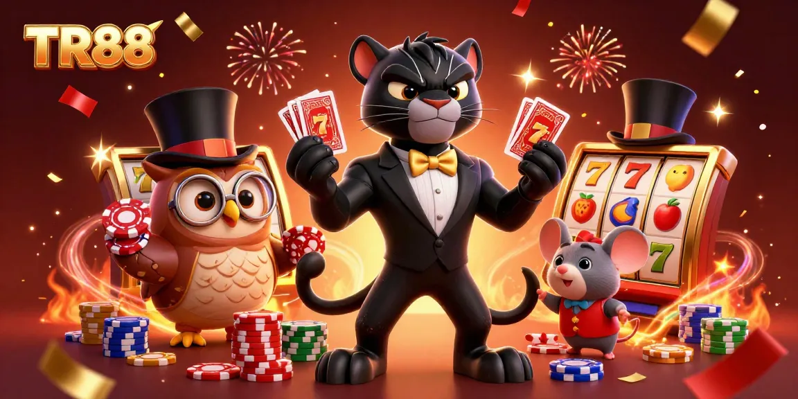 Engage with TR88's thrilling gameplay featuring a stylish panther dealer, owl, and lucky mouse amidst vibrant slot game elements.