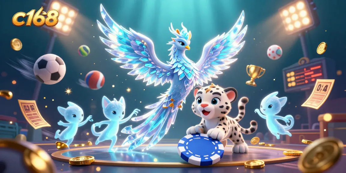 Immerse in c168's vibrant gaming scene with a dynamic 3D ice phoenix, gameplay elements, and glowing sprites.