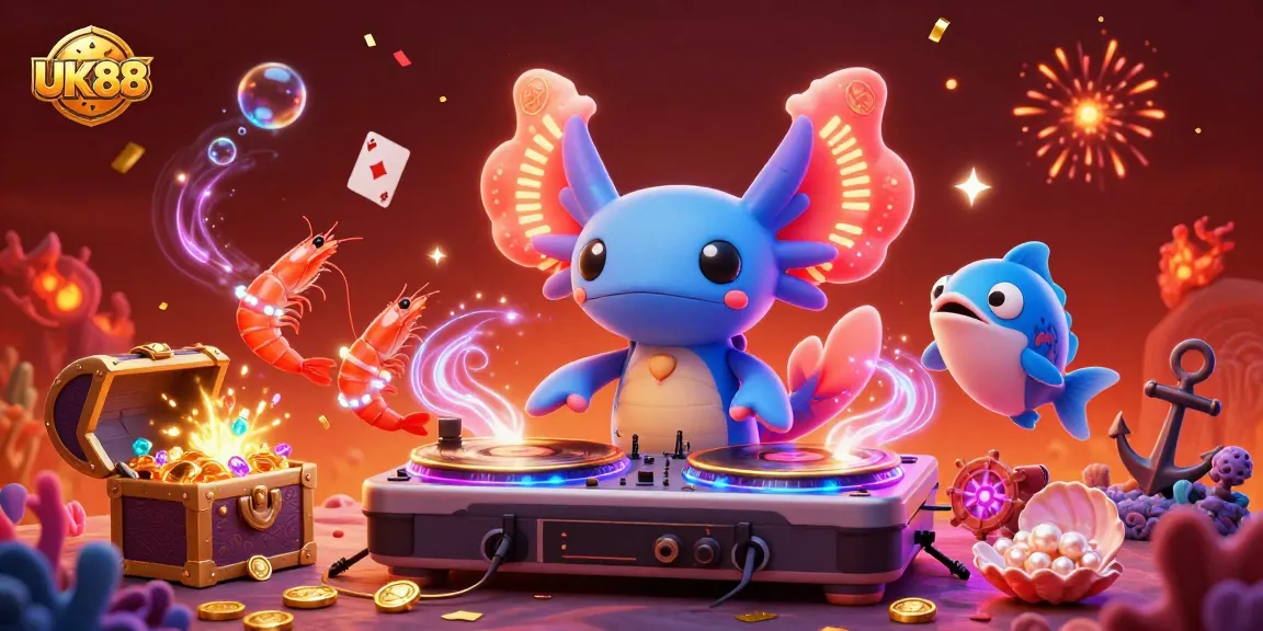 Join the vibrant UK88 casino experience with a lively axolotl DJ and energetic underwater celebrations.