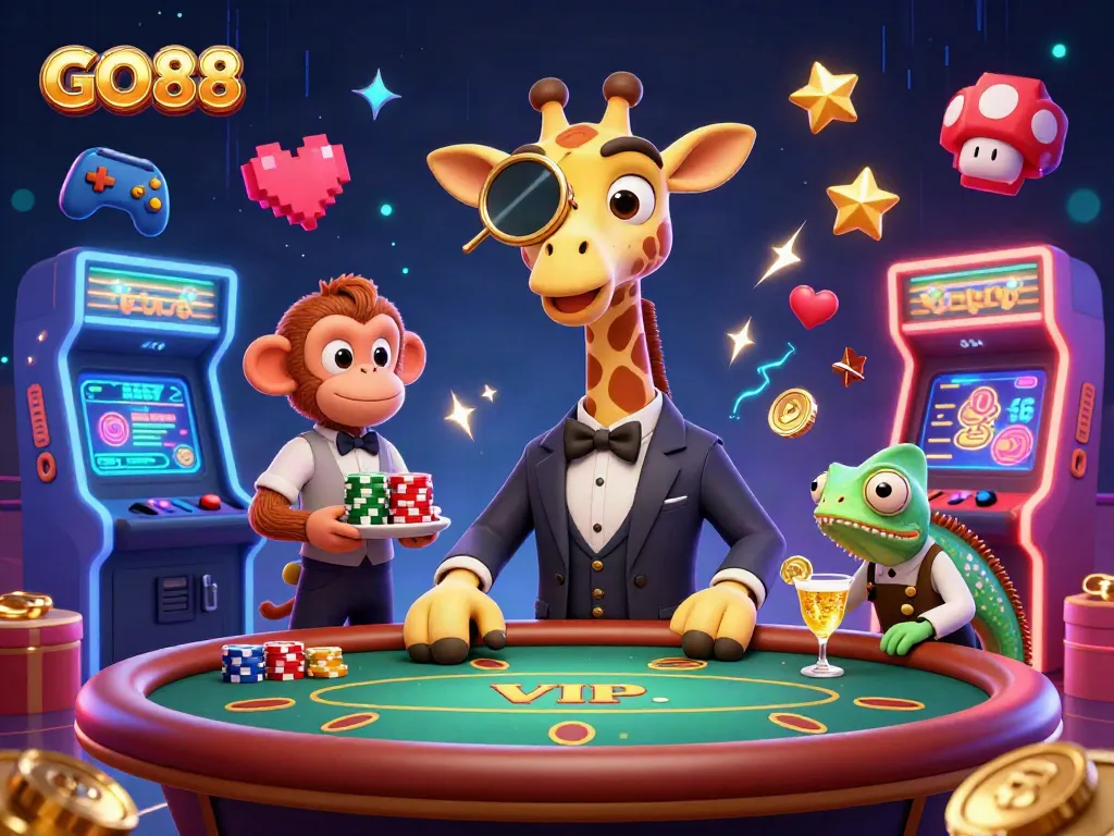 Experience GO88 with vibrant casino elements and high-stakes characters in a dynamic 3D scene.