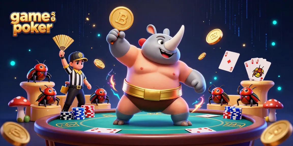 Engage in game bài poker with an exciting poker showdown featuring beetle champions and vibrant casino-themed elements.