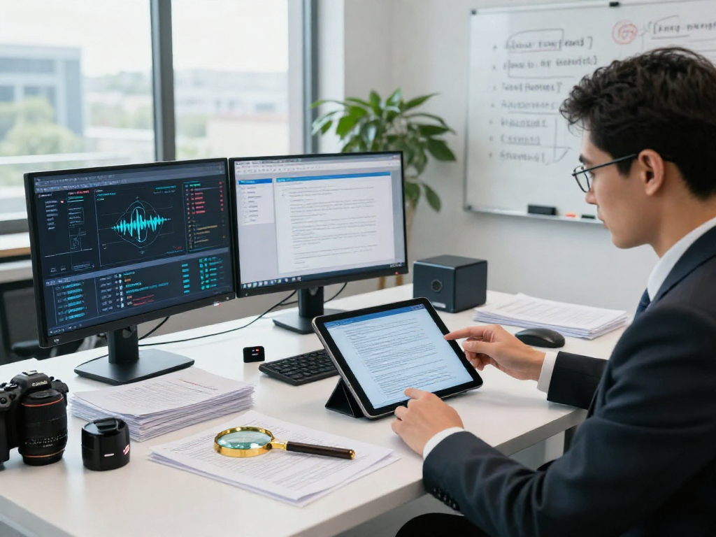 Document fraud detection analysis with an expert reviewing forensic data in a modern office setting