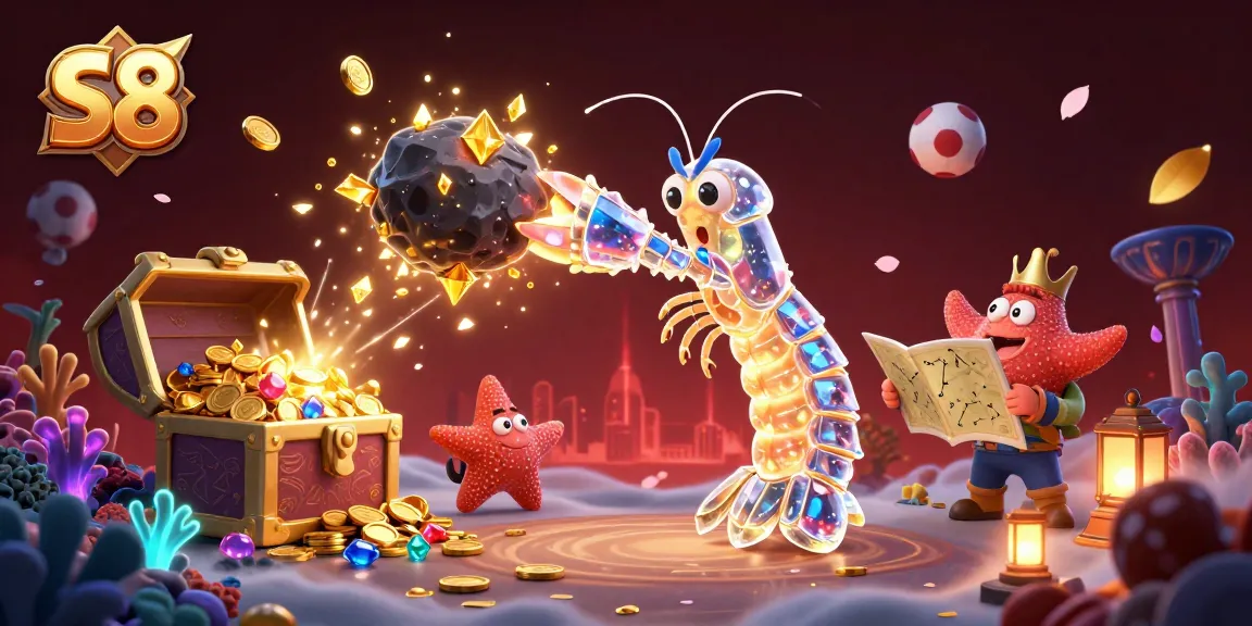S8 showcases a vibrant scene of a mantis shrimp breaking an asteroid, revealing gems amidst dynamic sports-themed elements.