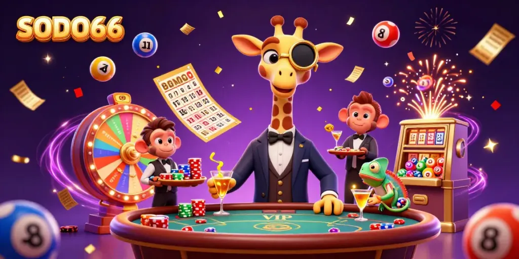 SODO66 offers a vibrant casino experience featuring a high-roller giraffe, dynamic lottery elements, and festive decorations.