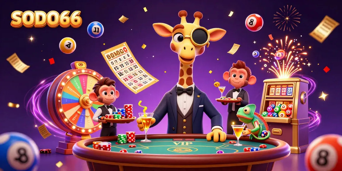 SODO66 offers a vibrant casino experience featuring a high-roller giraffe, dynamic lottery elements, and festive decorations.
