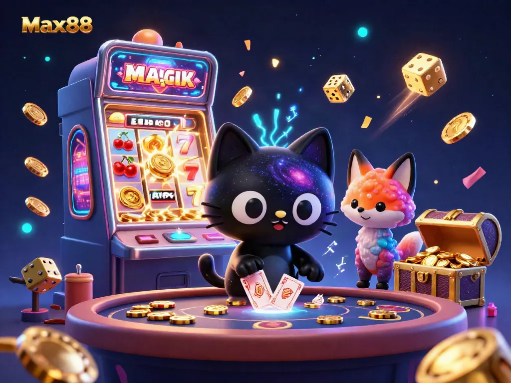 Experience the thrill of Max88 with dynamic casino elements and vibrant characters in an exciting gambling scene.