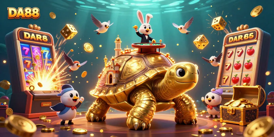 Spin slots with DA88 and witness a dazzling casino scene featuring a golden tortoise and treasures.