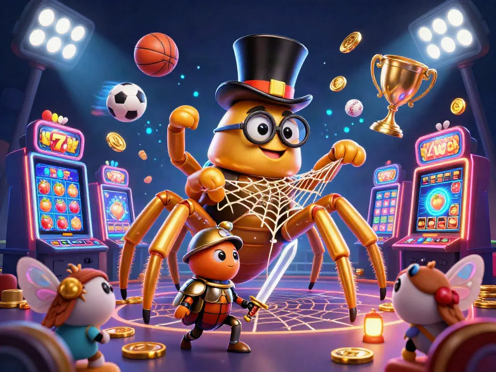 IWIN casino illustration showcasing a gold tarantula, beetle knight, and vibrant slot machines.