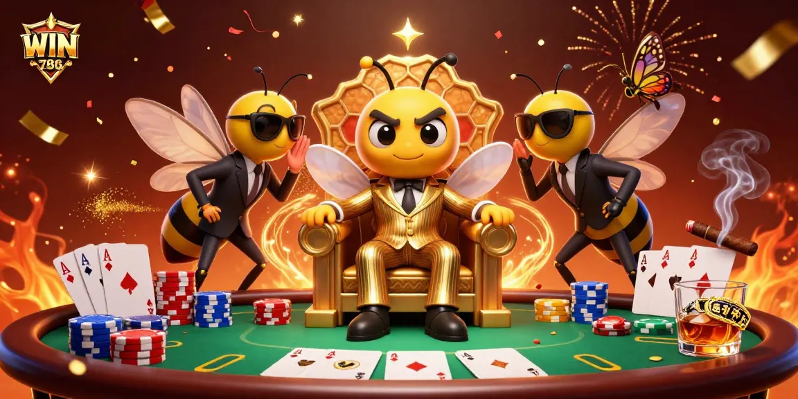 WIN786 poker showdown featuring a bumblebee mob boss in a vibrant casino setting.