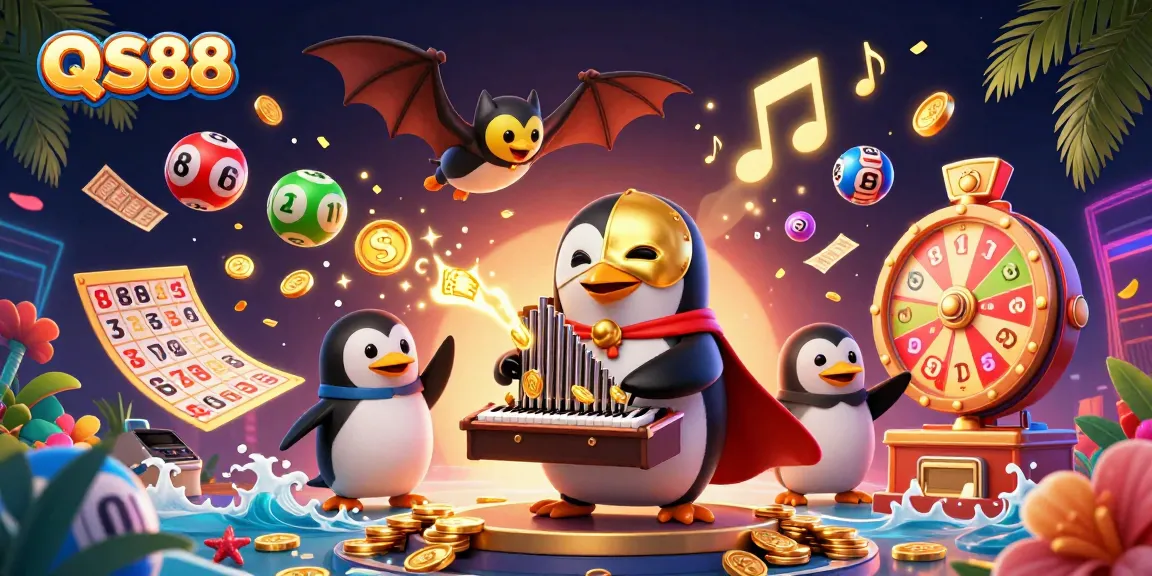 Experience the excitement of QS88 with vibrant lottery balls and golden coins raining down from an enchanting illustration.