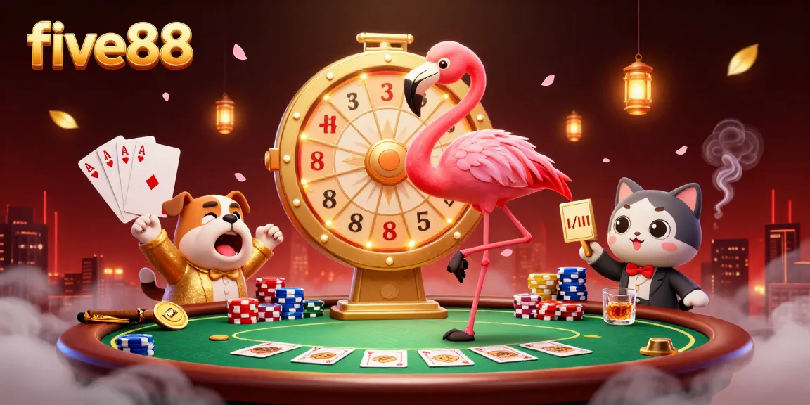Gamblers celebrate a win at five88 with a colorful, lively casino scene featuring vibrant characters.