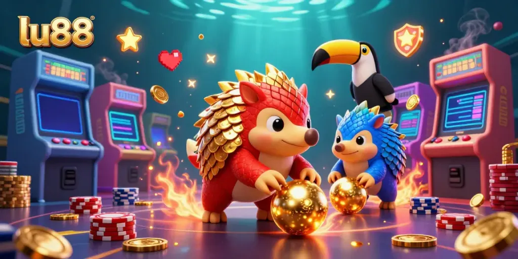 Experience thrilling gambling action at lu88 with rival pangolins competing in a vibrant casino arcade.