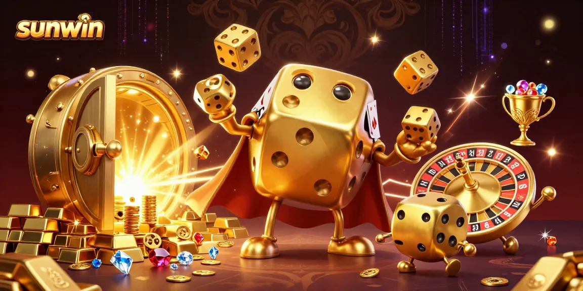 Experience excitement at sunwin as golden dice juggle among shimmering treasures and vibrant casino elements.