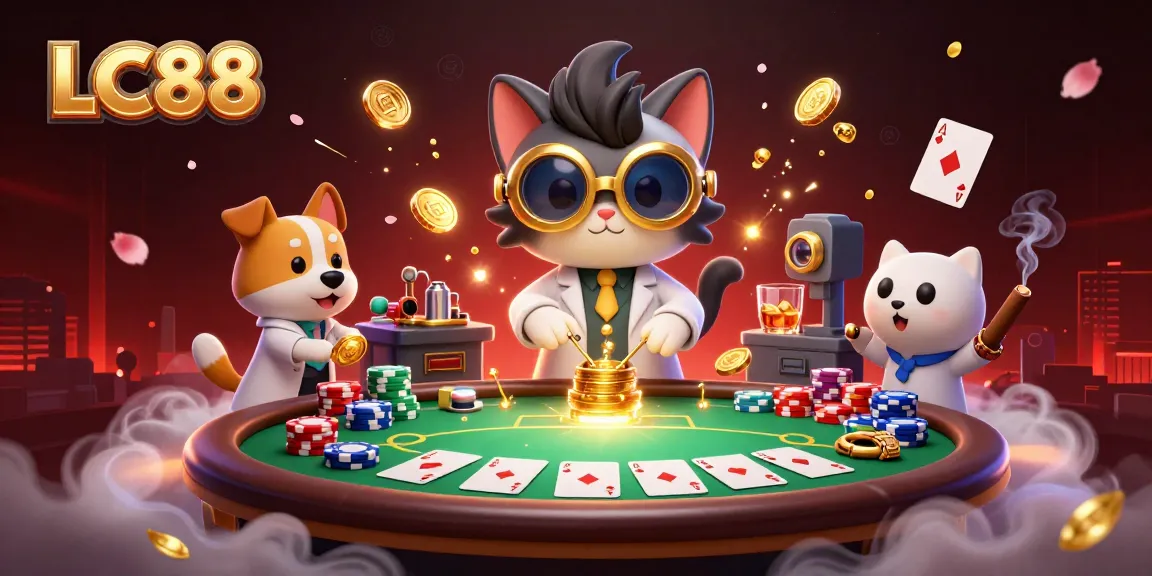 Engage with thrilling games at LC88 casino with a vibrant, dynamic illustration featuring poker elements.