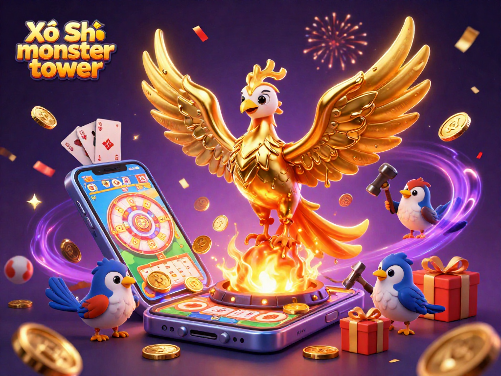 Engage with Xổ Số monster tower as a golden phoenix reveals lottery prizes amidst dazzling effects.