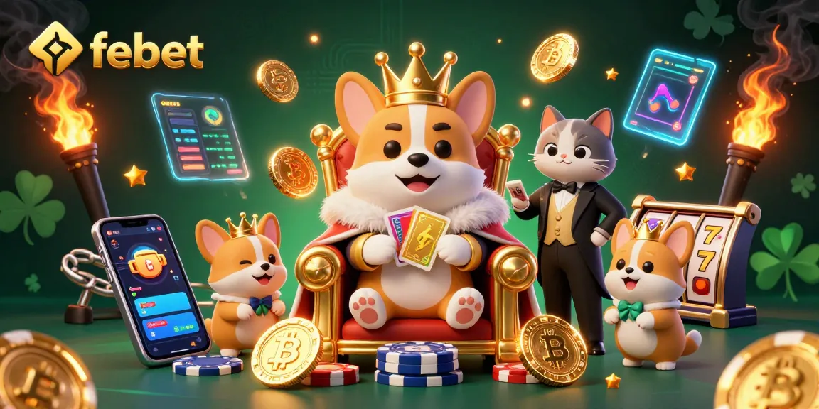 Experience thrilling wins at febet with vibrant casino elements and a royal corgi surrounded by gold.