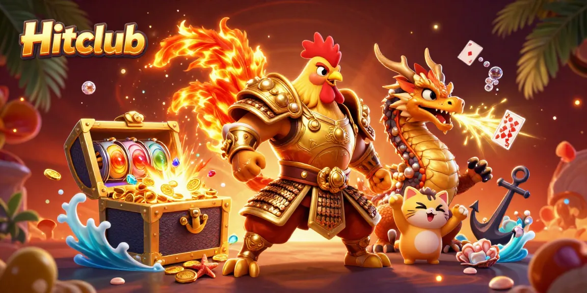 Experience the exciting world of Hitclub with a dynamic illustration of a rooster warrior and dragon hatchling among casino elements.