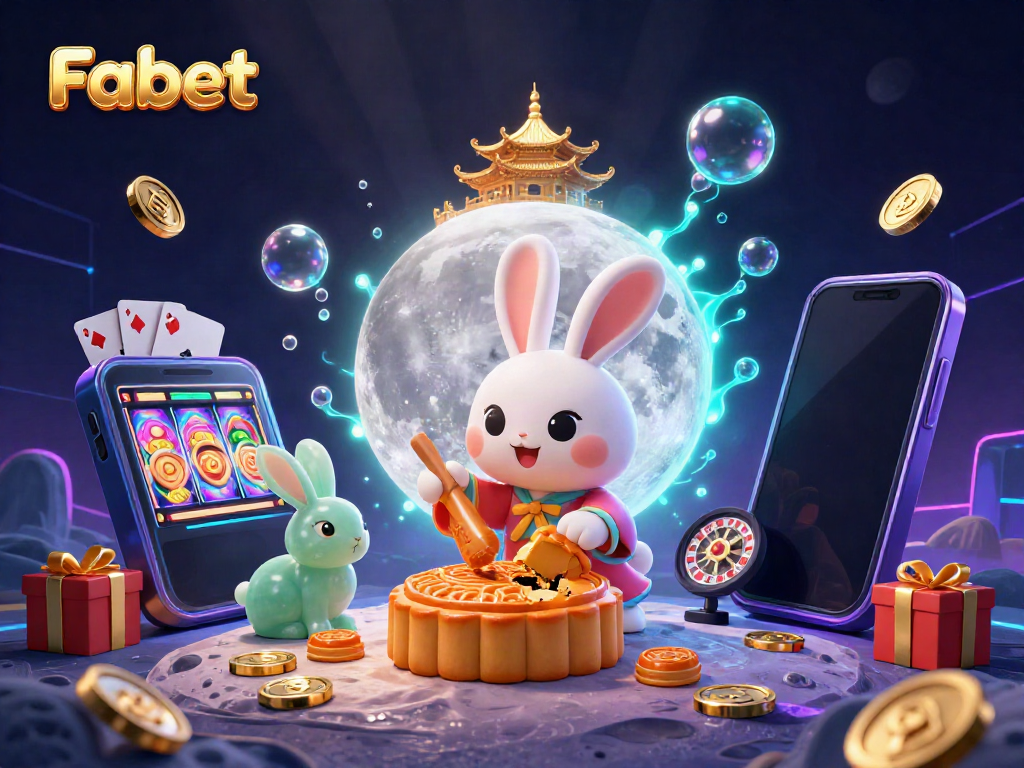 Experience vibrant slot game action with Fabet's enchanting moon rabbit illustration, showcasing poker chip surprises.