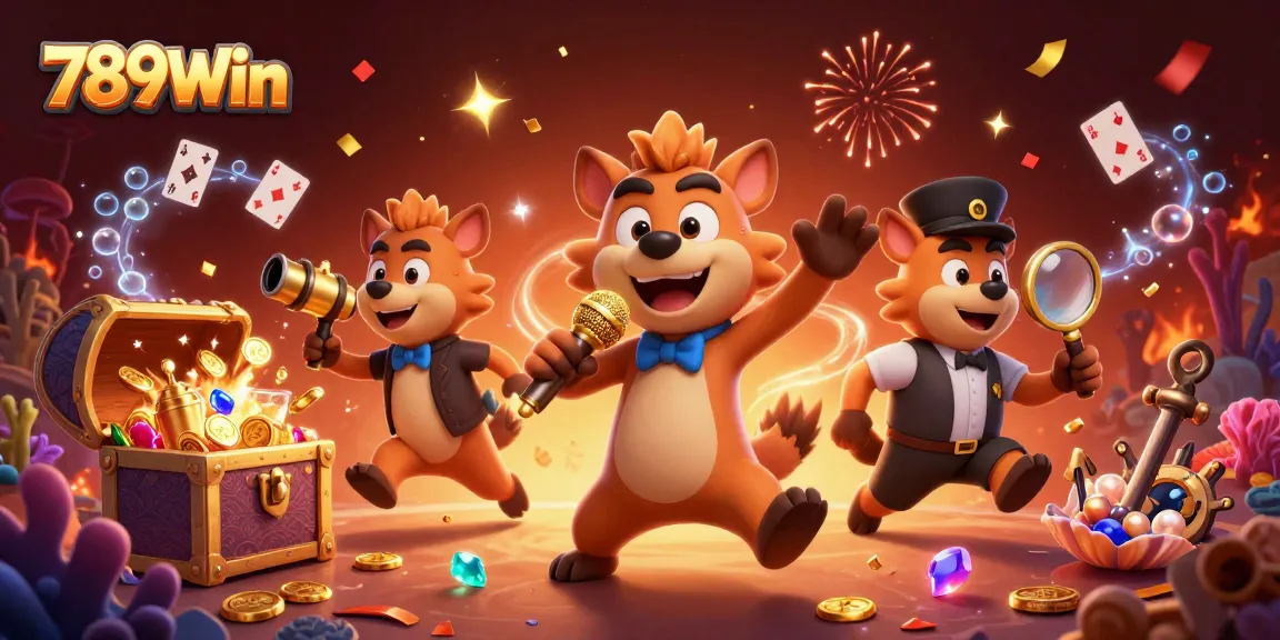 Experience vibrant gambling at 789Win with cartoon hyenas entertaining in a lively casino scene.