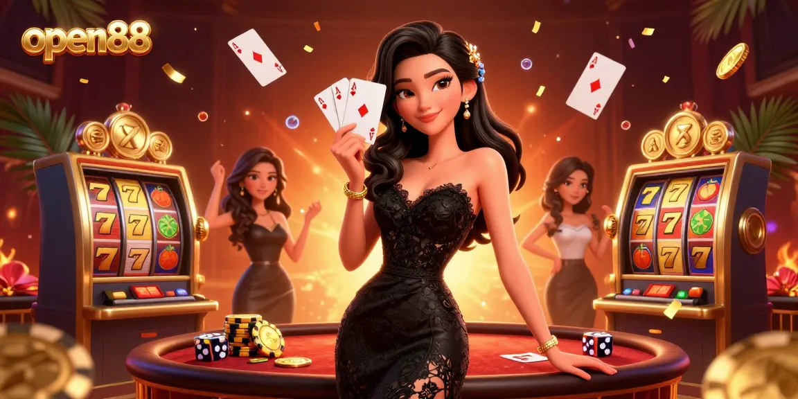 Experience excitement at open88 with a stylish Asian dealer captivating players with ace cards amidst a dynamic casino scene.
