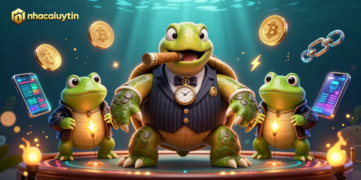 Engage with nhacaiuytin's dynamic casino scene featuring a cartoon turtle in a suit and crypto elements.